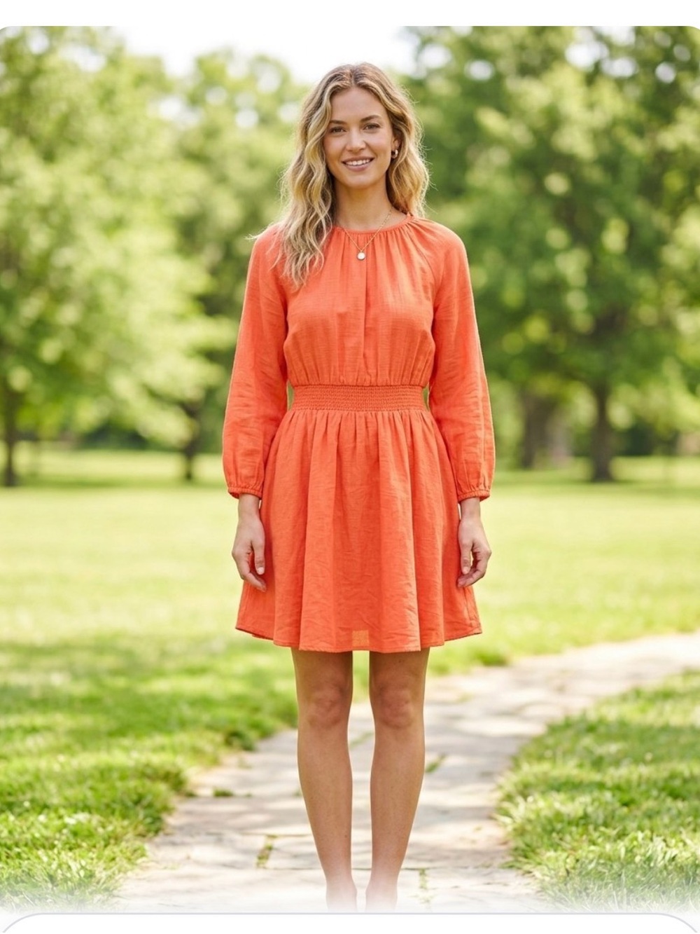 J. Crew Orange Long-Sleeve Smocked-Waist Mini Linen Dress